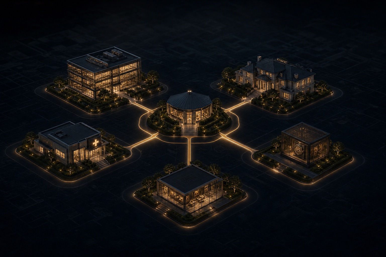 A visual map connecting a holding company to operating companies, properties and investments